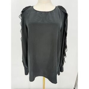 See By Chloe Black Silk Long Sleeve Top with Lace Ruffle Detail‎ Blouse